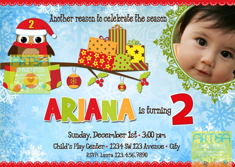 Owl Birthday Invitation  - Christmas Owl Birthday Invitation - Birthday Owl 1st, 2nd, 3rd, 4th, 5th,