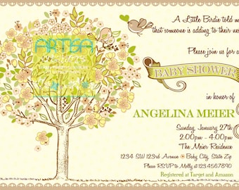 Invitación al Baby Shower de Tree Birds - Invitación al Baby Shower De Pájaros y Árboles Neutros - Baby Shower vintage Rustic Tree - Yellow Tree Baby shower