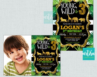 Young wild and three invitation, young wild and 3 invitation, jungle invitation, safari 3rd birthday, jungle 3rd birthday, young wild 3 invi