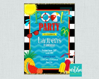Pool Party Invitation, Pool Party Birthday Invitation, Pool Party Invitations, Pool birthday party invitation, summer birthday, pool invite