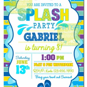 May include: A colorful invitation for a splash party, featuring a blue and white border with water splash graphics. The invitation includes the text "SPLASH PARTY" and details for Gabriel's 8th birthday, including the date, time, and location.