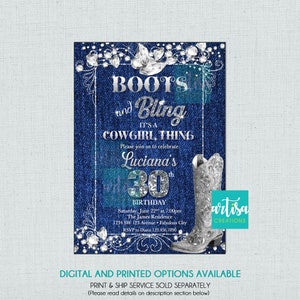 Stiefel und Bling Einladung, Denim-Stiefel und Bling es ist eine Cowgirl-Sacheeinladung, Denim-Stiefel bling Geburtstagseinladungen, Denim-Cowgirl