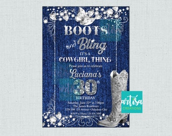 Boots and Bling Invitation, Denim Boots and Bling it's a cowgirl thing invitation, denim boots bling birthday invitations, denim cowgirl