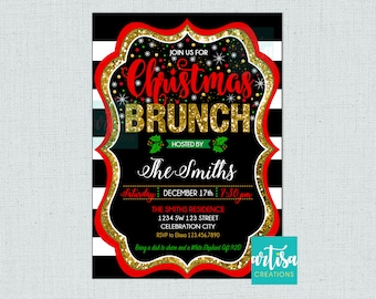 May include: A black and white striped background with a red and gold glitter frame. The text "Join us for Christmas Brunch" is in red and gold glitter. The text "Hosted by The Smiths" is in gold glitter. The text "Saturday December 17th 7:30 pm" is in white. The text "The Smiths Residence 1234 SW 123 Street Celebration City RSVP to Elissa 123.456.7890" is in white. The text "Bring a dish to share and a White Elephant Gift ($25)" is in white. The text "artisa CREATIONS" is in green and white.