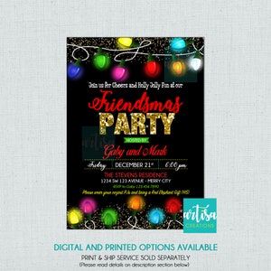 May include: A black and gold Christmas party invitation with a string of colorful lights. The text reads "Friendsmas Party" hosted by Gaby and Mark. The party is on Friday, December 21st at 6:00 pm at The Stevens Residence, 1234 SW 123 Avenue, Merry City. RSVP to Gaby at 123.456.7890. Please wear your coziest PJs and bring a Red Elephant Gift ($15).