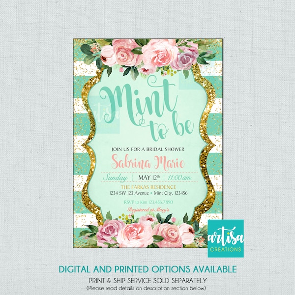 Minto to be Bridal Shower Invitation, Mint and Gold Wedding Shower Invitation, Mint to Be Invitations, Mint Bridal Shower Invitations, Mint