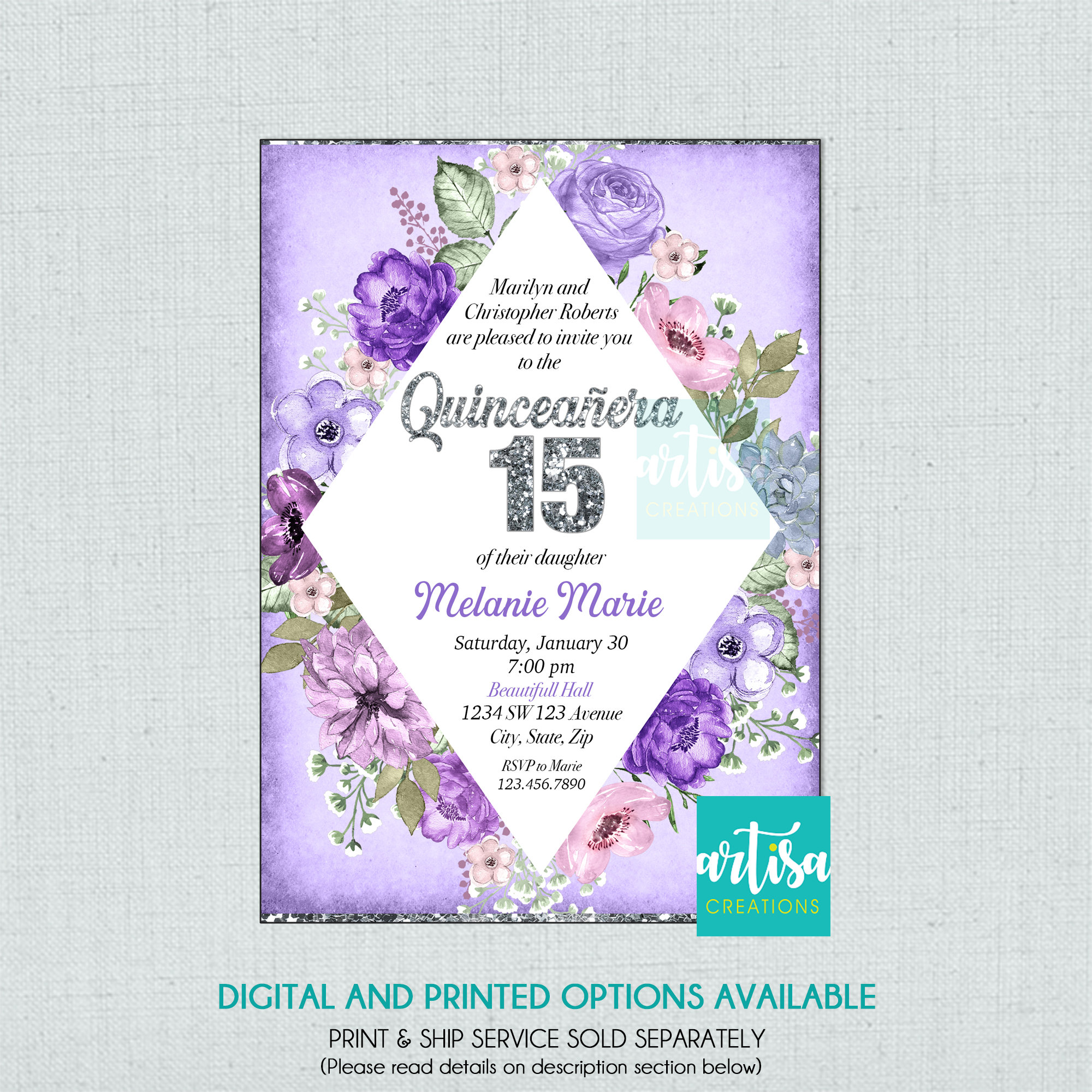 purple quinceanera invitations Quinceanera lilac lavender purple gold