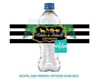 May include: Black and white striped water bottle label with green palm leaves and gold animal silhouettes. The label reads "Rebeka & Roberts Baby Shower" and "artisa CREATIONS".