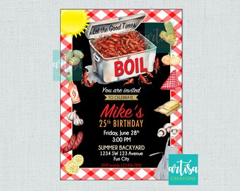 Pode incluir: Um fundo xadrez vermelho e branco com um quadro negro que apresenta uma ilustração de desenho animado de uma panela de lagostas com o texto "Let the Good Times Boil". O texto "You are invited to celebrate Mike's 25th Birthday" está escrito abaixo da panela. O convite detalha a data, a hora, o local e as informações de RSVP.