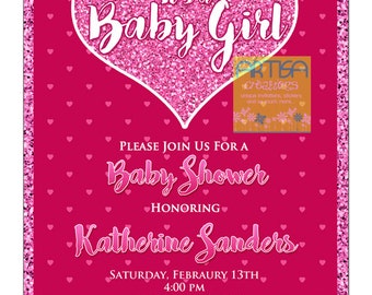 Hot Pink Heart Baby Shower Invitation, Pink glitter heart baby shower invitation, Valentines baby shower invitation, girl baby shower invite