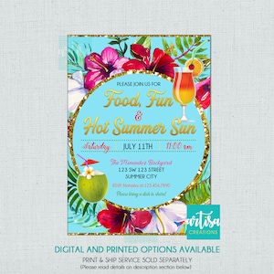 Fun Food e Hot summer sun invitation, Summer invitation, Summer cocktails invitation, summer get together invitations, tropical cocktails