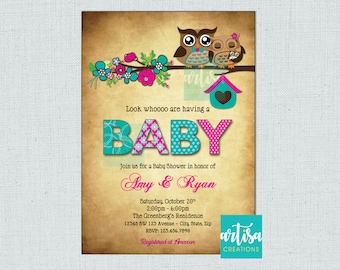Owls baby shower invitation, Owls Mom and Baby Shower Invitation, Pink and Teal Owls Baby Shower Invitation, cute Owls Baby Shower Invite