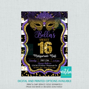 Masquerade Sweet sixteen invitation, Sweet 16 Masquerade Ball Invitation, Masquerade Invitation, purple gold black masquerade invitation