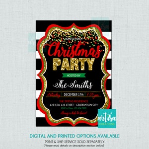 May include: A black and white striped background with a red and gold glitter border. The text "JOIN US FOR A Christmas PARTY" is in red and gold glitter. The text "HOSTED BY The Smiths" is in green. The text "Saturday DECEMBER 17th 7:30 pm THE SMITHS RESIDENCE 1234 SW 123 STREET CELEBRATION CITY RSVP to Elissa 123.456.7890 Bring a dish to share!" is in white. The text "artisa CREATIONS" is in white.