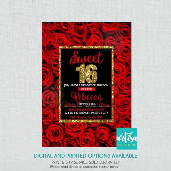 Rote Rosen Sweet 16 Einladung, rote Rosen Sweet sechzehn Einladung, rote Rosen Silber Glitzer süß 16, rote Rosen Quinceanera Einladung