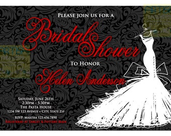 Red and Black Invitation Damask Wedding Dress Bridal Shower Invitation - Damask Red and Black Bridal Shower Invitation - Black Red Bridal S
