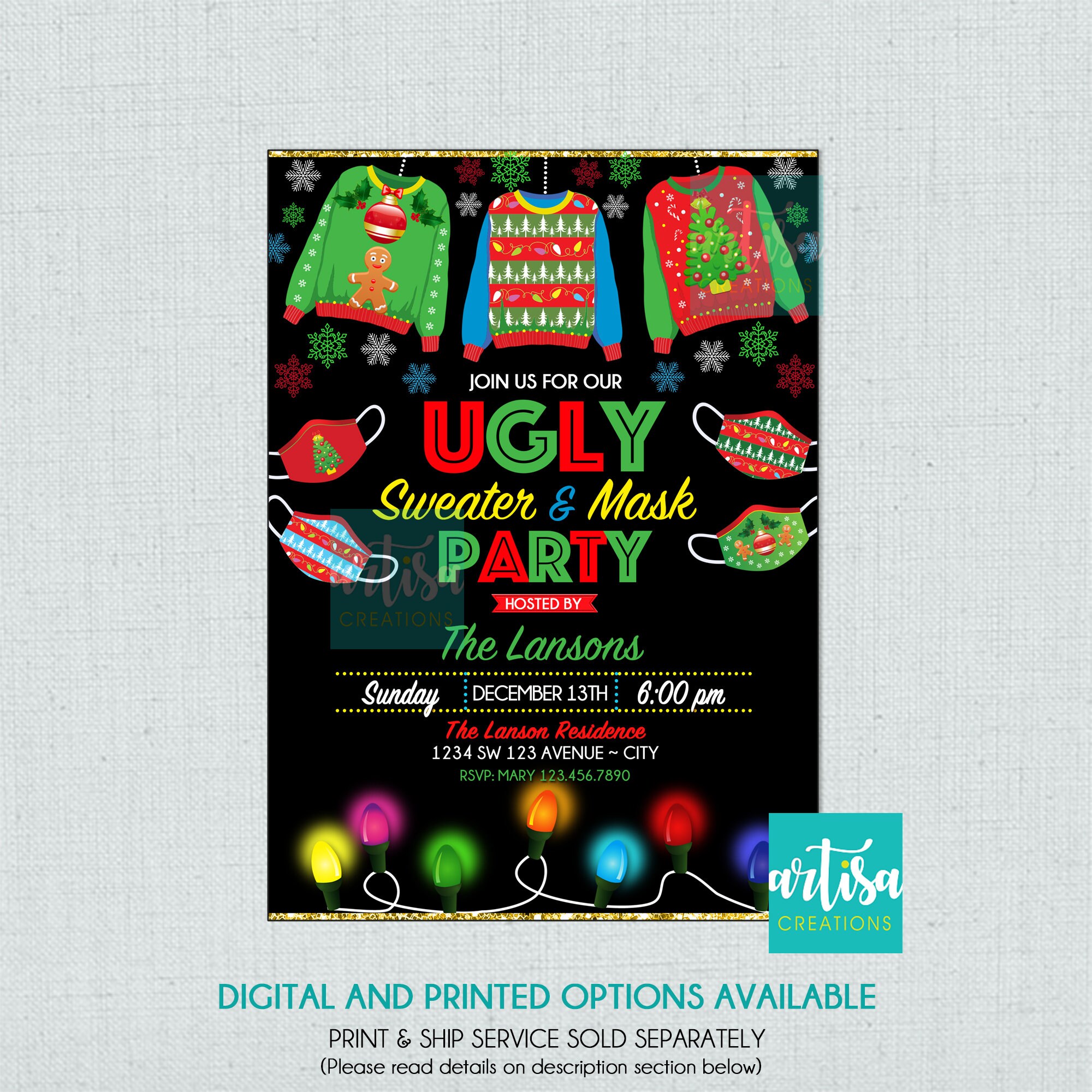 Invito alla festa brutto maglione e maschera, invito brutto