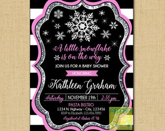 Snowflake Baby Shower Invitation, Little snowflake is on the way, winter baby shower, pink gold winter baby shower, pink silver snowflakes