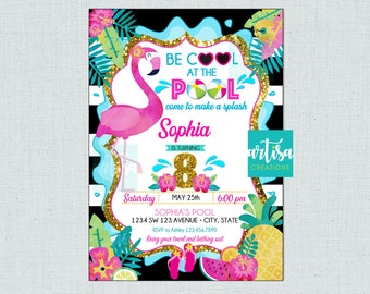 Flamingo BE Cool at the pool water bash invitation, flamingo water slide invitation, flamingo pool party invitation, flamingo pool party inv