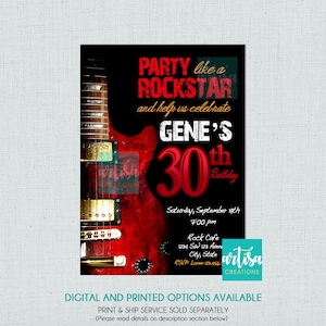 Invitation d’anniversaire rock adulte, invitation d’anniversaire rock and roll, invitation de guitare électrique, invitation de rock star, fête comme une rockstar