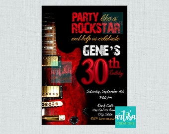 Invitation d’anniversaire rock adulte, invitation d’anniversaire rock and roll, invitation de guitare électrique, invitation de rock star, fête comme une rockstar