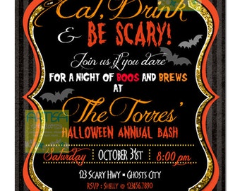 Halloween Invitation, Adult Halloween Invitation, Eat, Drink and be Scary Invitation, Eat drink and be Scary Glitter Halloween Invitation