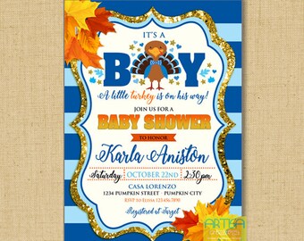 Turkey on the way Baby Shower Invitation, It's a Boy turkey invitation, Thanksgiving Boy Baby Shower, Turkey Boy baby shower invitation
