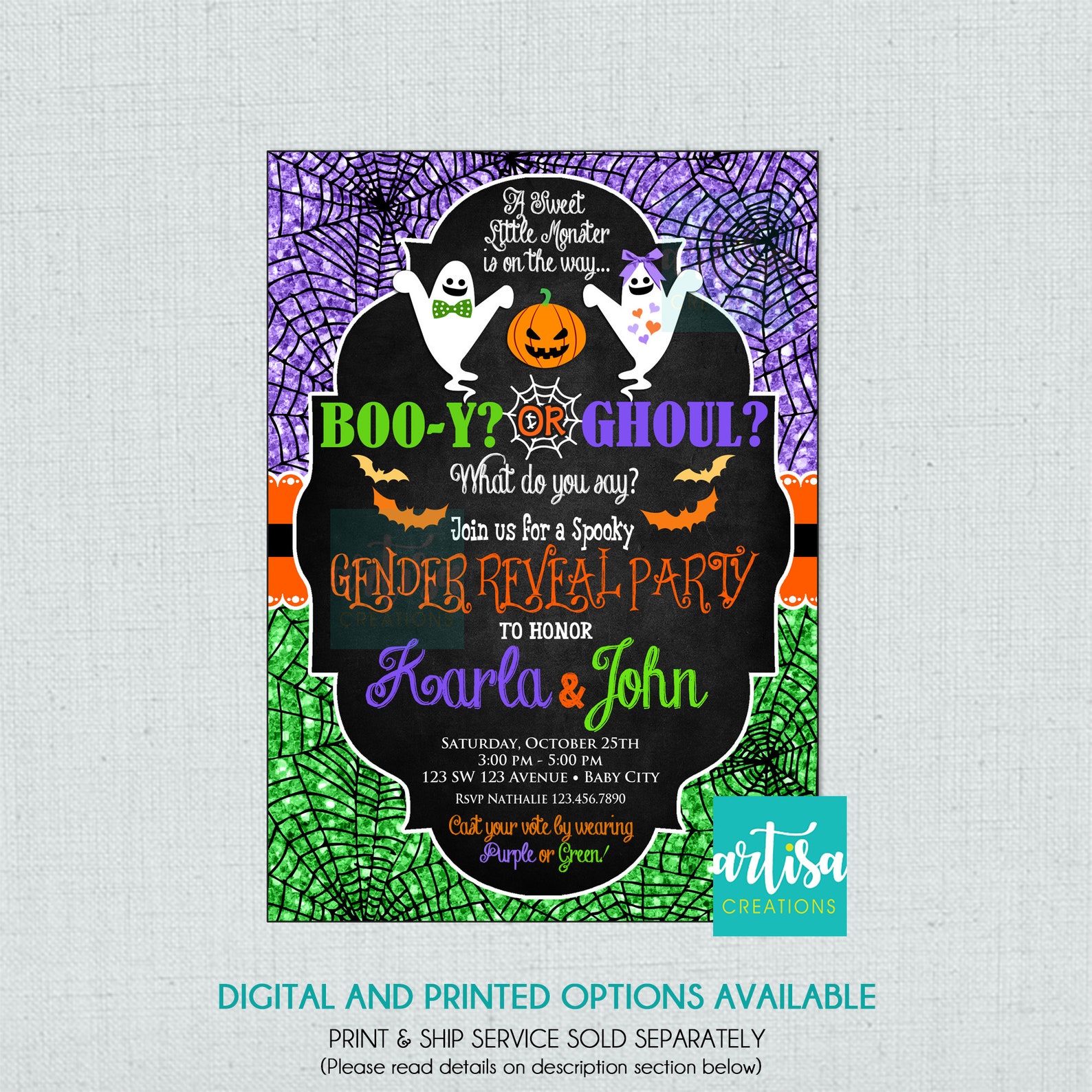 Halloween Gender Reveal Party Invitation, Halloween Ghosts Gender