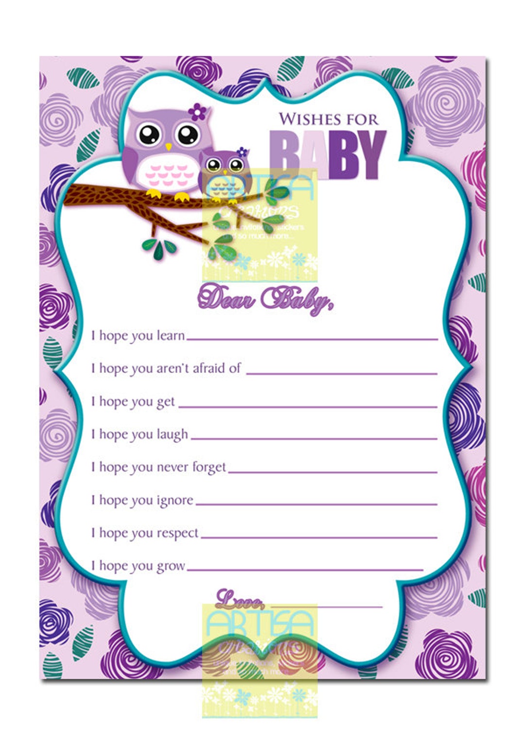 Purple Owl Wishes for Baby Card - Lilac Owl Baby Girl Wishes Card ...