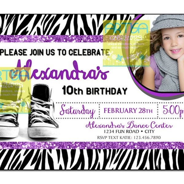 Black Chucks Invitation, Purple and Black teenager birthday invitation, Zebra Print Girl Invitation, Chucks Zebra Print, Girl Birthday