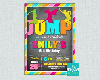 Girl Jump Birthday Printable Invitation - Girl Trampoline Birthday Invitation - Girl Colorful Trampoline Invitation - Jump Bounce Birthday