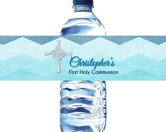 Chevron erste Kommunion Wasser - blau Chevron Taufe Wasserflasche Label - Label blau Chevron Wasser Flaschenetikett