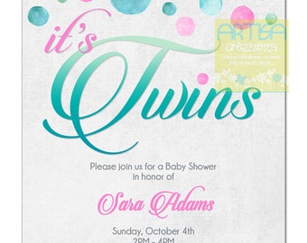 Watercolor Dots Baby Shower Invitation - Twins Watercolor baby shower invitation - Water Color Dots modern shower invitation - Twins Invite