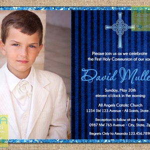 Invitation à la première communion du garçon, invitation à la première communion bleu foncé, invitation à la première communion bleu marine pour garçon, communion de garçon en