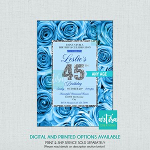Blue roses birthday invitation, blue roses birthday invitations, blue roses invitations for any age, blue roses printable invitations, blue