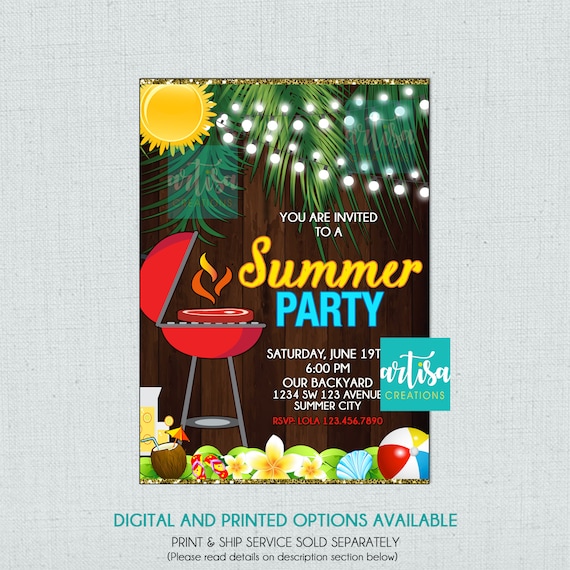 Summer Party Invitation, Summer BBQ, Summer get together invitation, summer bash, Summer cookout, summer invitation, Summer birthday, Sun