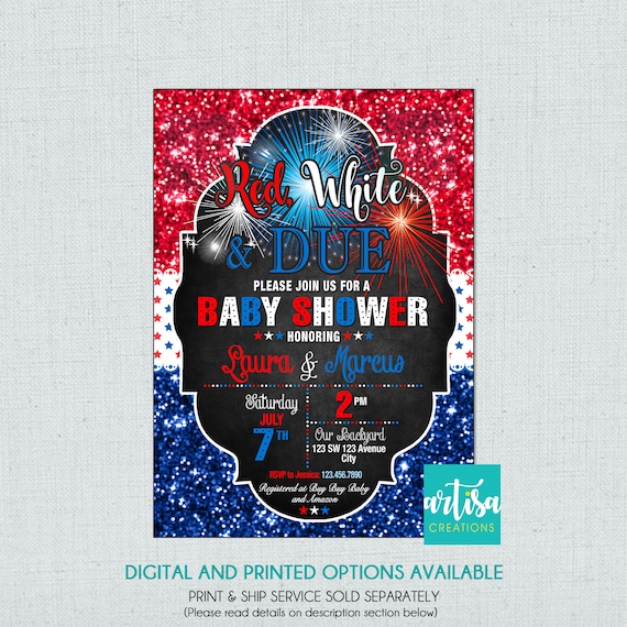 4th of July Baby Shower Invitation, Red white and Due invitation,  Independence Day baby shower invitation, fireworks baby shower invite