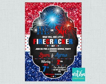Firecracker gender reveal, 4th of July Gender Reveal, Patriotic gender reveal invitation, Fireworks gender reveal, Independence Day gender