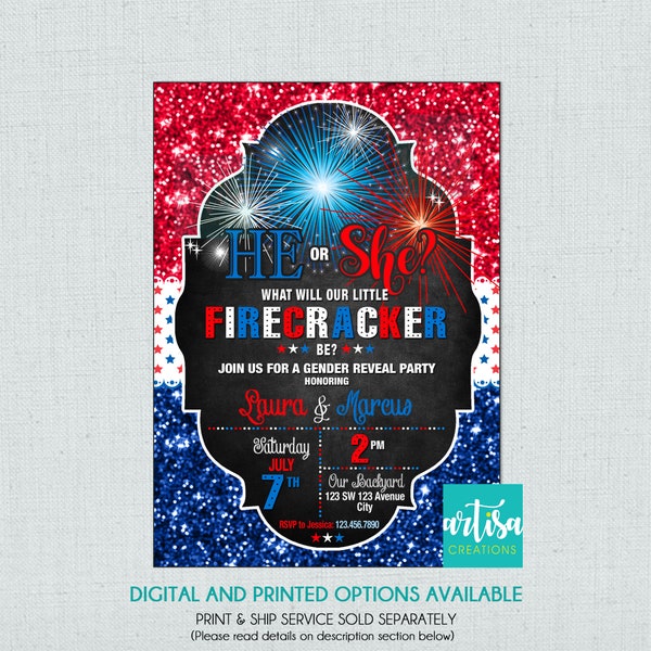 Firecracker gender reveal, 4th of July Gender Reveal, Patriotic gender reveal invitation, Fireworks gender reveal, Independence Day gender