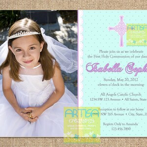 Girl&#39;s First Communion Invitations, Teal and Lilac Communion Invitations, Lilac and Blue First Holy Communion Invitations,  Girl First Comm