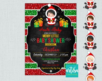 Peut inclure: Une invitation de fête prénatale à rayures rouges et vertes avec une illustration de bébé Père Noël. L'invitation indique "Santa Baby Join us for a Merry Little Baby Shower Honoring Christina Saturday December 21st 2:00 pm The Lobainas House 1234 SW 123 Avenue Merry City RSVP to Lauren 123.456.7890 Registered at Buy Buy Baby artisa creations". Il y a cinq illustrations différentes de bébés Père Noël parmi lesquelles choisir.