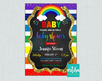 Rainbow Baby Shower Invitation, Rainbow baby shower invitations, Over the rainbow baby shower invitation, rainbow baby shower, rainbow invit