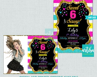May include: A birthday invitation with a colorful striped background and gold glitter accents. The invitation features a photo of a girl with a microphone, and the text "Sweet 6 & Sassy! To Celebrate Lily's 6th Birthday".