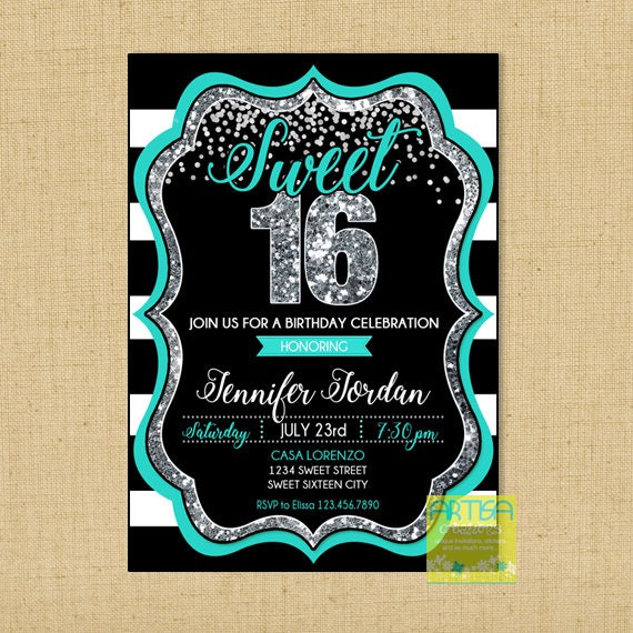 Beste Sweet sixteen invitation black teal silver confetti sweet | Etsy FZ-28