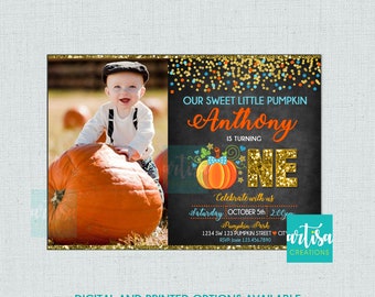 May include: A first birthday invitation for a boy named Anthony. The invitation features a photo of the boy in a pumpkin patch, a pumpkin with a bow, and the text "Our Sweet Little Pumpkin Anthony is turning One".