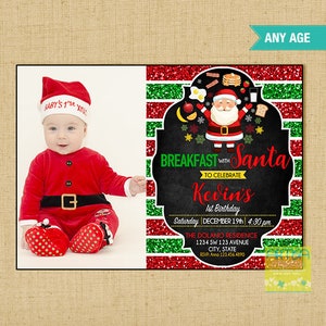 Café da manhã com convite de aniversário do Papai Noel, Café da manhã de 1º aniversário com convite do Papai Noel, Café da manhã de aniversário com convite do Papai Noel