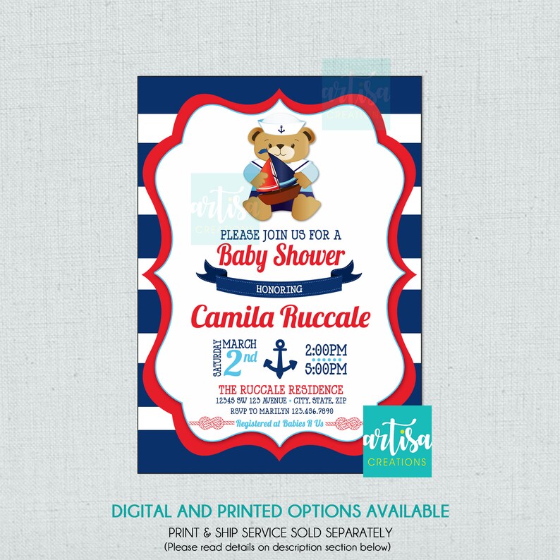 Nautical Bear Navy and Red Baby Shower Invitation, Nautical Teddy Bear Shower Invitation, navy blue red nautical teddy bear invitation, bear image 1