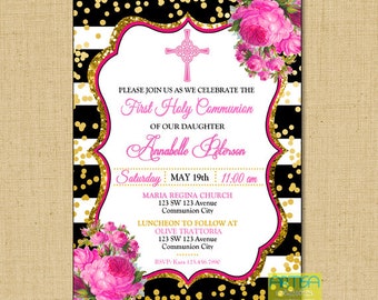 Girl First Communion Invitation, black pink Communion Invitations, Pink gold First Holy Communion Invitation, Black pink golf Communion