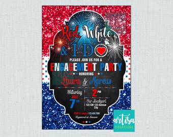 Invitación a la fiesta de compromiso patriótico, invitación a la fiesta de compromiso del 4 de julio, blanco rojo y yo hago invitación, hago barbacoa el 4 de julio invitación
