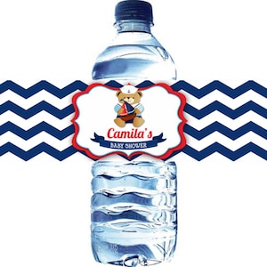 Chevron Nautische Beer Navy en Red Water Bottle Label - Nautische Teddybeer Navy Rood waterlabel - Chevron navy red teddy bear water label